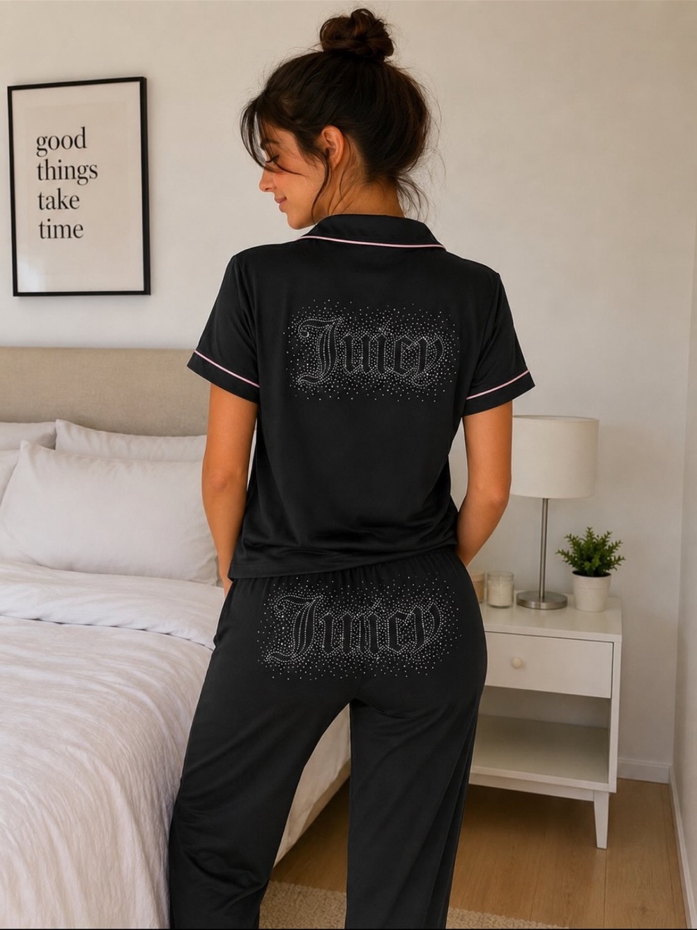 Juicy Couture Black Pajama Set with Rhinestone Juicy Logo
